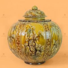 Chum Ngâm Rượu Men Hoàng Thổ Họa Tiết Hoa Sen Trúc
